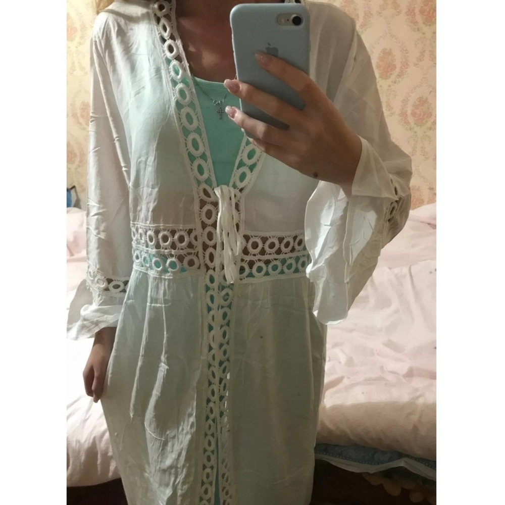 NWT White Linen Like Long Sleeve sheer tie front swim crochet Boho coverup - Picture 2 of 6